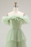 Dusty Sage Off The Shoulder A Line Ruffles Prom Dress