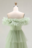 Dusty Sage Off The Shoulder A Line Ruffles Prom Dress