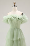 Dusty Sage Off The Shoulder A Line Ruffles Prom Dress