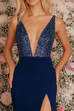Dark Blue V-Neck Sheath Sequins Chiffon Formal Dress