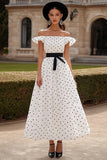 White Off The Shoulder A Line Satin Wedding Guest Dress with Black Dots
