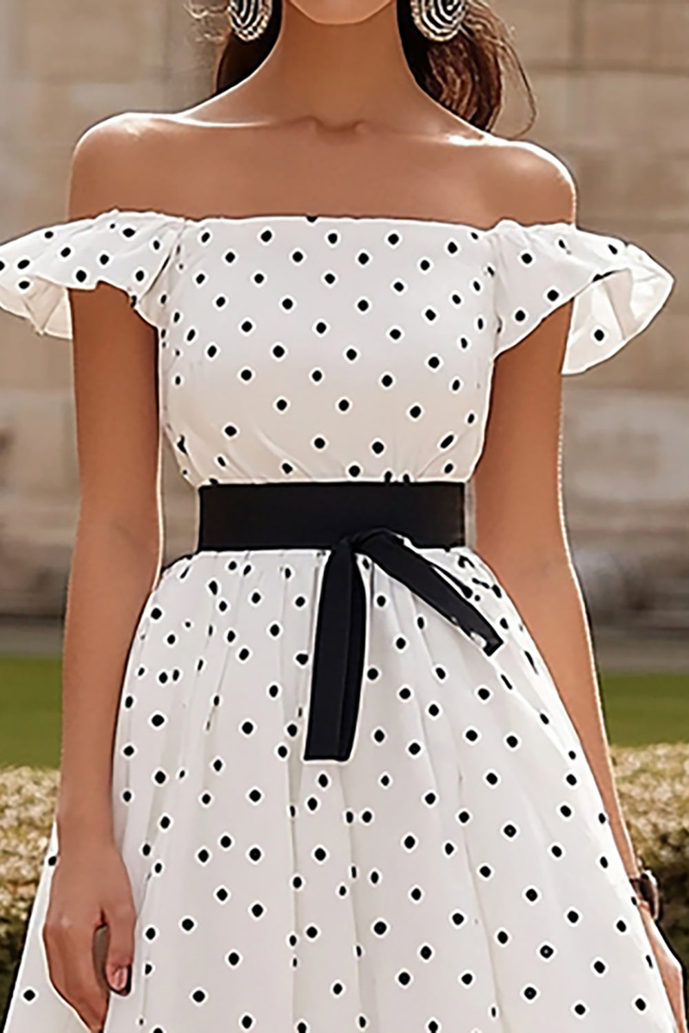Zapaka Women White Wedding Guest Dress With Black Dots Off The Shoulder A Line Satin Midi Formal Dress, Black+White / US12 Zapaka Women White Wedding Guest Dress With Black Dots Off The Shoulder A Line Satin Midi Formal Dress, Black+White / US12