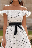 White Off The Shoulder A Line Satin Wedding Guest Dress with Black Dots
