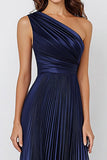 One Shoulder Navy Satin Mermaid Formal Dress
