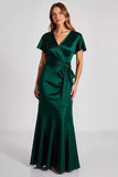Dark Green V-Neck Sheath Satin Formal Dress with Short Sleeves