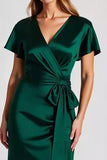 Dark Green V-Neck Sheath Satin Formal Dress with Short Sleeves