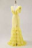 Yellow V-Neck Mermaid Ruffles Formal Dress with Slit