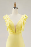 Yellow Mermaid V-Neck Tiered Long Formal Dress with Ruffled Slit