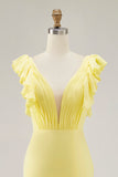 Yellow V-Neck Mermaid Ruffles Formal Dress with Slit