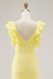 Yellow V-Neck Mermaid Ruffles Formal Dress with Slit