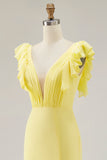 Yellow V-Neck Mermaid Ruffles Formal Dress with Slit