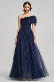 Navy One Shoulder Ruffles Tulle Formal Dress
