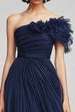 Navy One Shoulder Ruffles Tulle Formal Dress