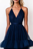 Navy A Line Tiered Tulle Long Formal Dress