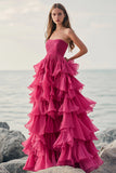 Ruffle Fuchsia A Line Strapless Formal Dress