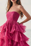 Ruffle Fuchsia A Line Strapless Formal Dress