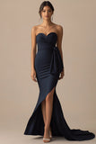 Navy Strapless Ruched Bow Mermaid Formal Dress with Slit