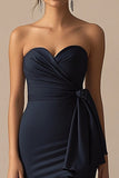 Navy Strapless Ruched Bow Mermaid Formal Dress with Slit