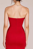 Red Strapless Ruched Mermaid Long Formal Dress with Slit