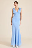 Sky Blue Mermaid V Neck Long Formal Dress with Flowers
