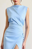 Sky Blue Ruched Sheath Formal Dress with Slit
