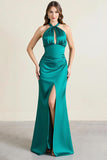 Green Halter Backless Satin Formal Dress with Slit