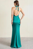 Green Halter Backless Satin Formal Dress with Slit