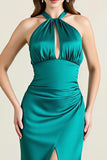 Green Halter Backless Satin Formal Dress with Slit