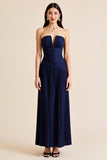 Pleated Navy Strapless Satin Pleated Long Formal Dress