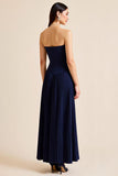 Pleated Navy Strapless Satin Pleated Long Formal Dress