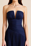 Pleated Navy Strapless Satin Pleated Long Formal Dress