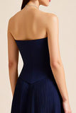 Pleated Navy Strapless Satin Pleated Long Formal Dress