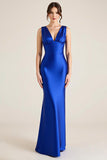 Royal Blue V Neck Sheath Satin Long Wedding Guest Dress