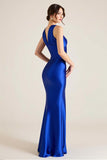 Royal Blue V Neck Sheath Satin Long Wedding Guest Dress