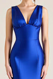 Royal Blue V Neck Sheath Satin Long Wedding Guest Dress