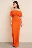 Orange Ruched Off the Shoulder Long Wedding Guest Dress