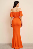 Orange Ruched Off the Shoulder Long Wedding Guest Dress