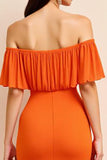 Orange Ruched Off the Shoulder Long Wedding Guest Dress
