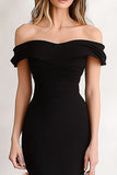 Off the Shoulder Black Mermaid Tiered Satin Wedding Guest Dress