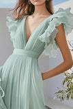 Light Green A Line Chiffon V-Neck Ruffled Long Formal Dress