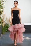 Black Pink Strapless Ruffled Mermaid High-Low Formal Dress