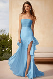 Sky Blue Strapless Chiffon Ruffled Formal Dress with Slit
