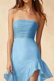 Sky Blue Strapless Chiffon Ruffled Formal Dress with Slit