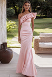 Pink One Shoulder Satin Mermaid Long Formal Dress