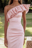 Pink One Shoulder Satin Mermaid Long Formal Dress