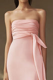 Pink Strapless A Line Ruched Chiffon Long Formal Dress
