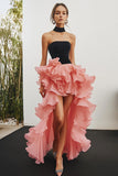 Black Pink Strapless High-Low Long Formal Dress with Ruffles
