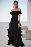 Black A Line Chiffon Ruffled Long Formal Dress
