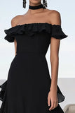 Black A Line Chiffon Ruffled Long Formal Dress