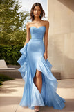 Sky Blue Sweetheart Ruffled Long Formal Dress with Slit